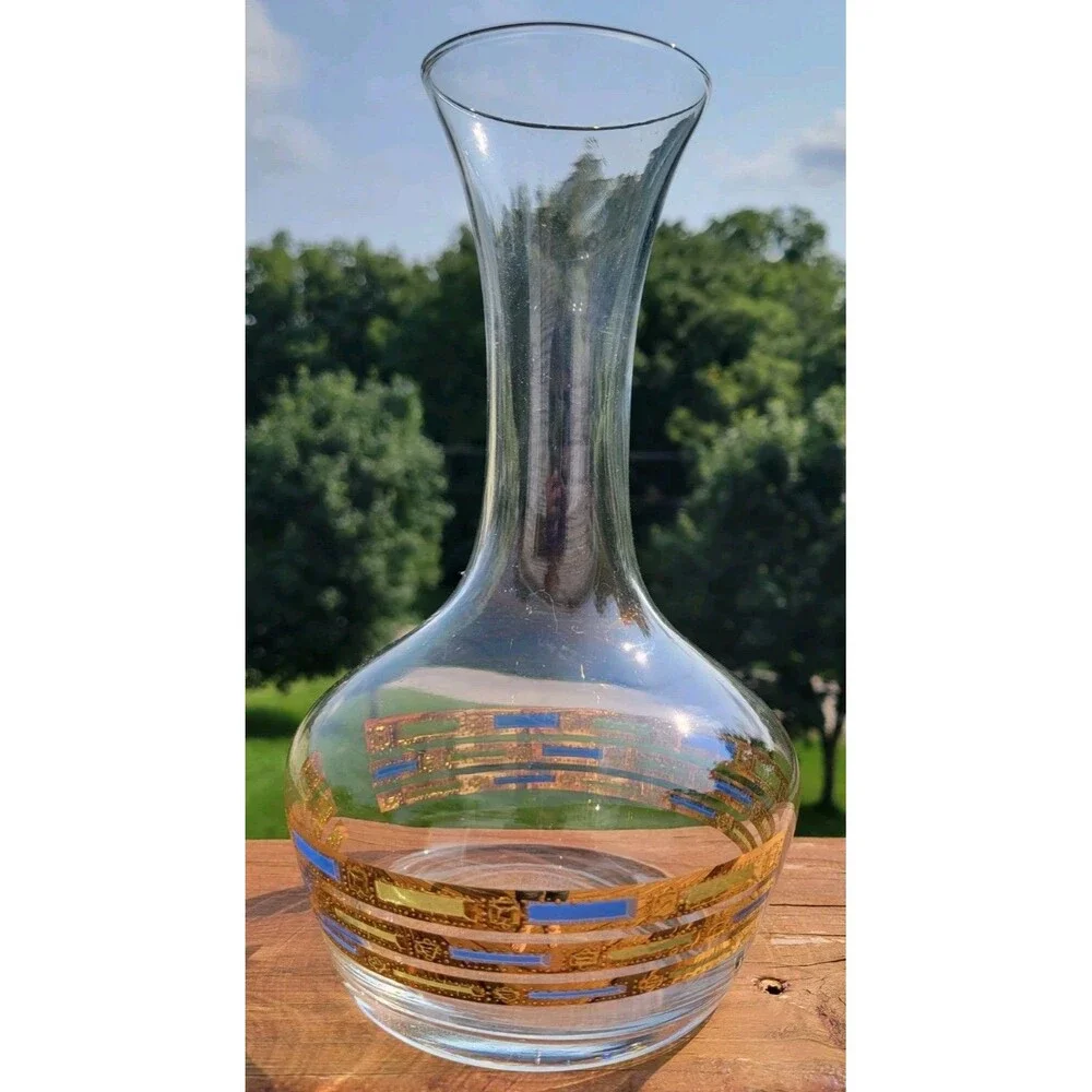 Vintage Culver 22k Gold Blue Empress Glass Carafe Decanter MCM Blue Green Retro